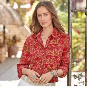 SUNDANCE -eyelet lace Red and Green Floral Button-Down Shirt